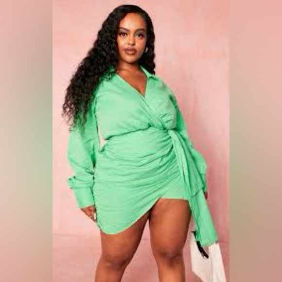 PrettyLittleThing Plus Bright Green Wrap Shirt Dress Size 16 NWT - Picture 1 of 16